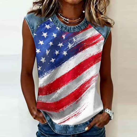 Tank Tops for Women Patriotic Print Round Neck Sleeveless Shirts Casual Loose Fit Trendy Star Stripe Camisole Blouse White 3XL