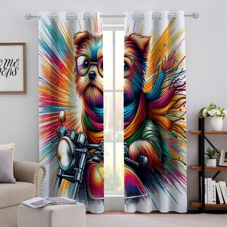 

WENZZ Whimsical Dog Riding Motorcycle Perforated Blackout Curtains 2-Pack - Light Blocking Drapes 55x39in