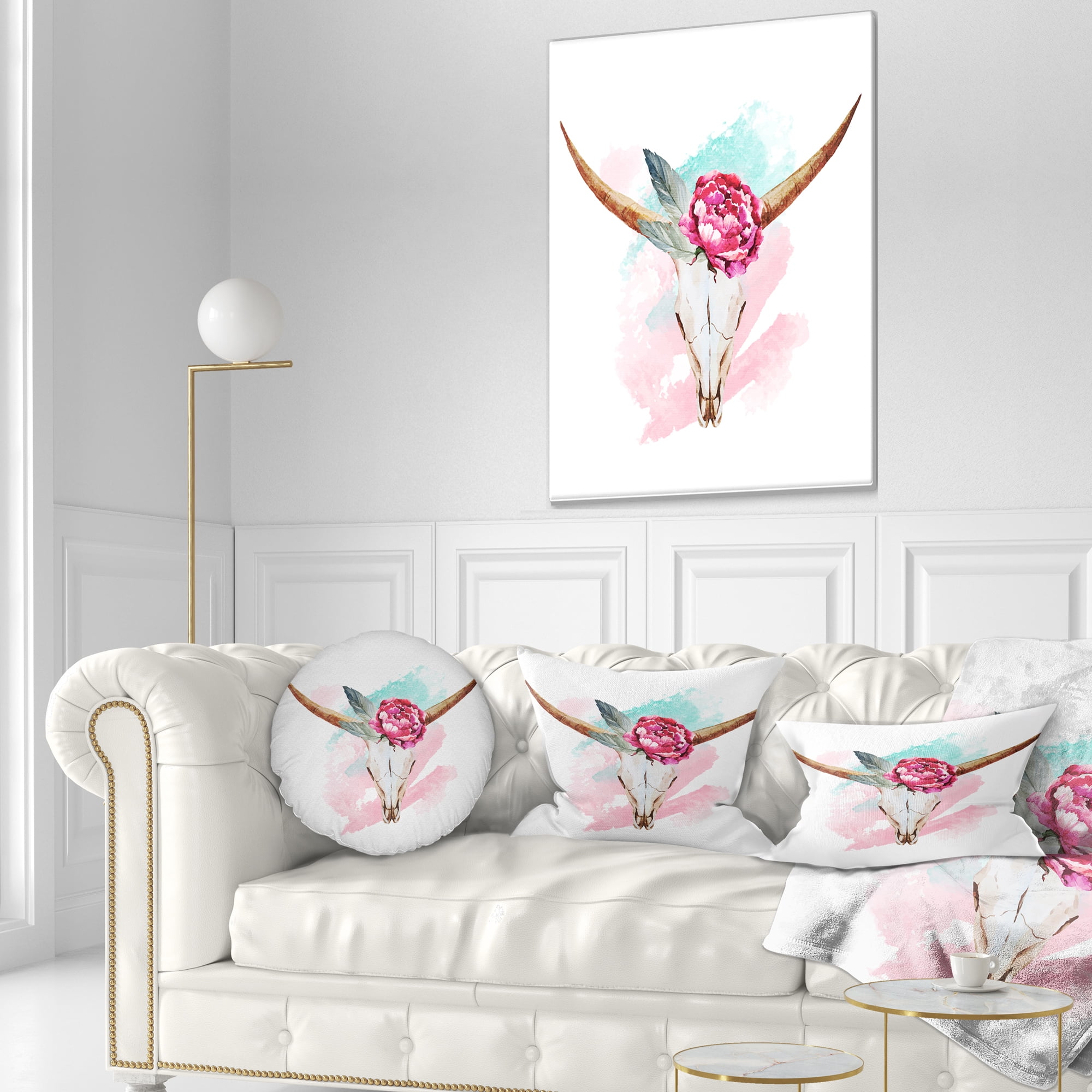 Designart Bull Skull and Flower - Floral Throw Pillow - 12x20