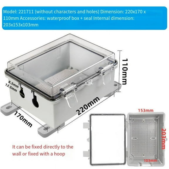 Outdoor ABS Plastic Waterproof Electrical Box with Transparent Lid IP66 Rated for Sockets and Equipment Protection Gray 220x170x110mm