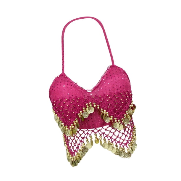 Traje de danza del vientre con top corto de lentejuelas, sujetador con purpurina para fiestas en clubes y mujeres adultas. Rosa roja