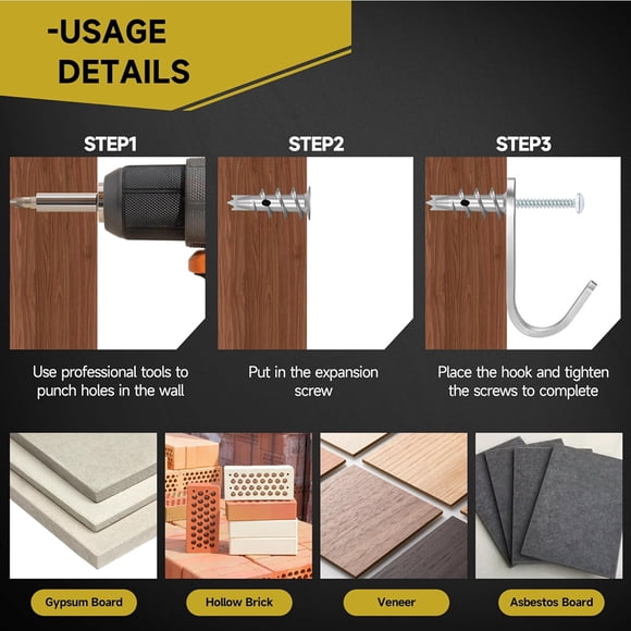 Ancrages Muraux Auto-Perçants en Zinc, Kit d'Ancrage Mural Creux et Vis, Vis Murales, 50 Pcs Ancrages Muraux en Métal Robustes