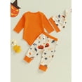 thumbnail image 6 of My First Halloween Baby Boy Outfit Letter Embroidery Long Sleeve Romper Spider Bat Pants and Hat 3Pcs Fall Winter Clothes Set, 6 of 10