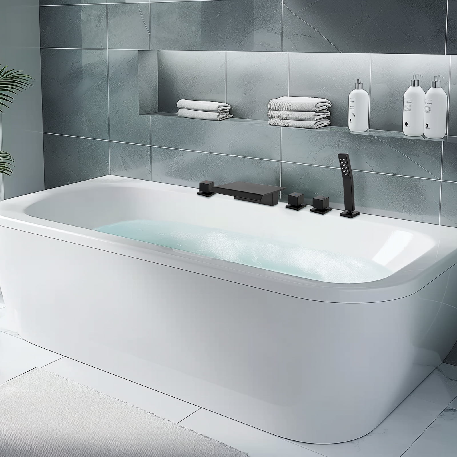 Cobbe 5-Hole Deck Mount Bathroom Bathtub Faucet with Hand Shower, 7.87-Inch and Wide Waterfall Spout Matte Black