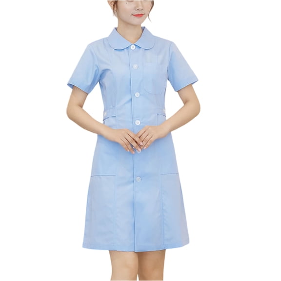 Scrub Dresses for Women Casual Solid Color Short Sleeve Nur-se Working Uniform Pockets Stretchy V-Neck Holiday Workwear Blue