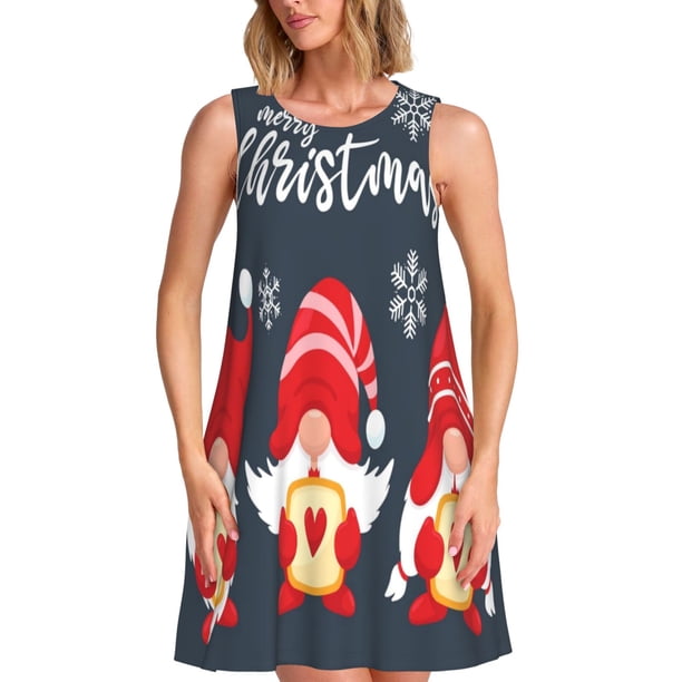 Fotbe Cute Christmas Gnomes (2) Vestido de Verano sin Mangas para Mujer – Vestido Midi Línea A, Estilo Camiseta Floral, Vestido Playero Casual y Fluido