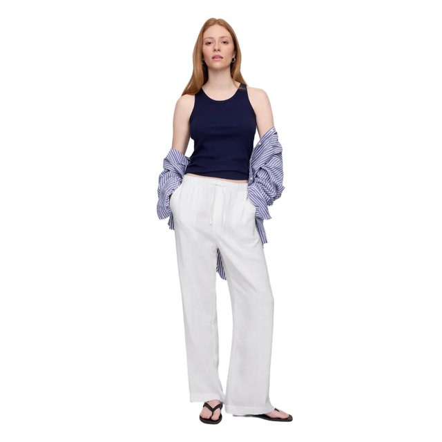 Pantalón Gap de lino con pernera ancha para mujer, color blanco óptico, talla XL