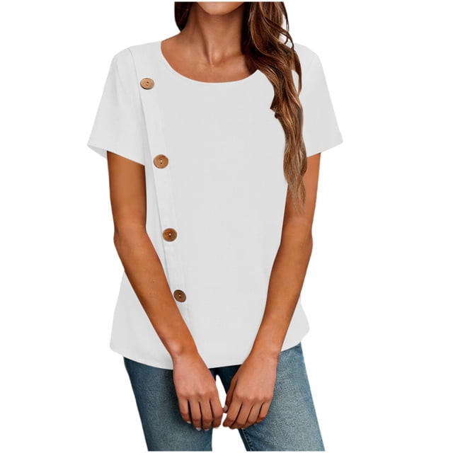 TaTaai 2026 Spring Summer Solid Color Linen Texture Top for Women Short Sleeve Button Front Round Neck Casual Blouse Soft Comfy Daily Vacation Outfits Gift