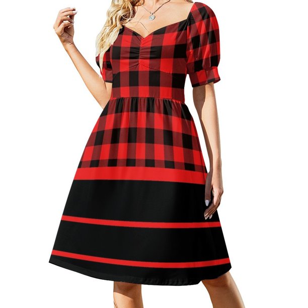 Vestido de manga corta a cuadros y rayas de búfalo rojo y negro para mujer vestidos de cumpleaños para mujer