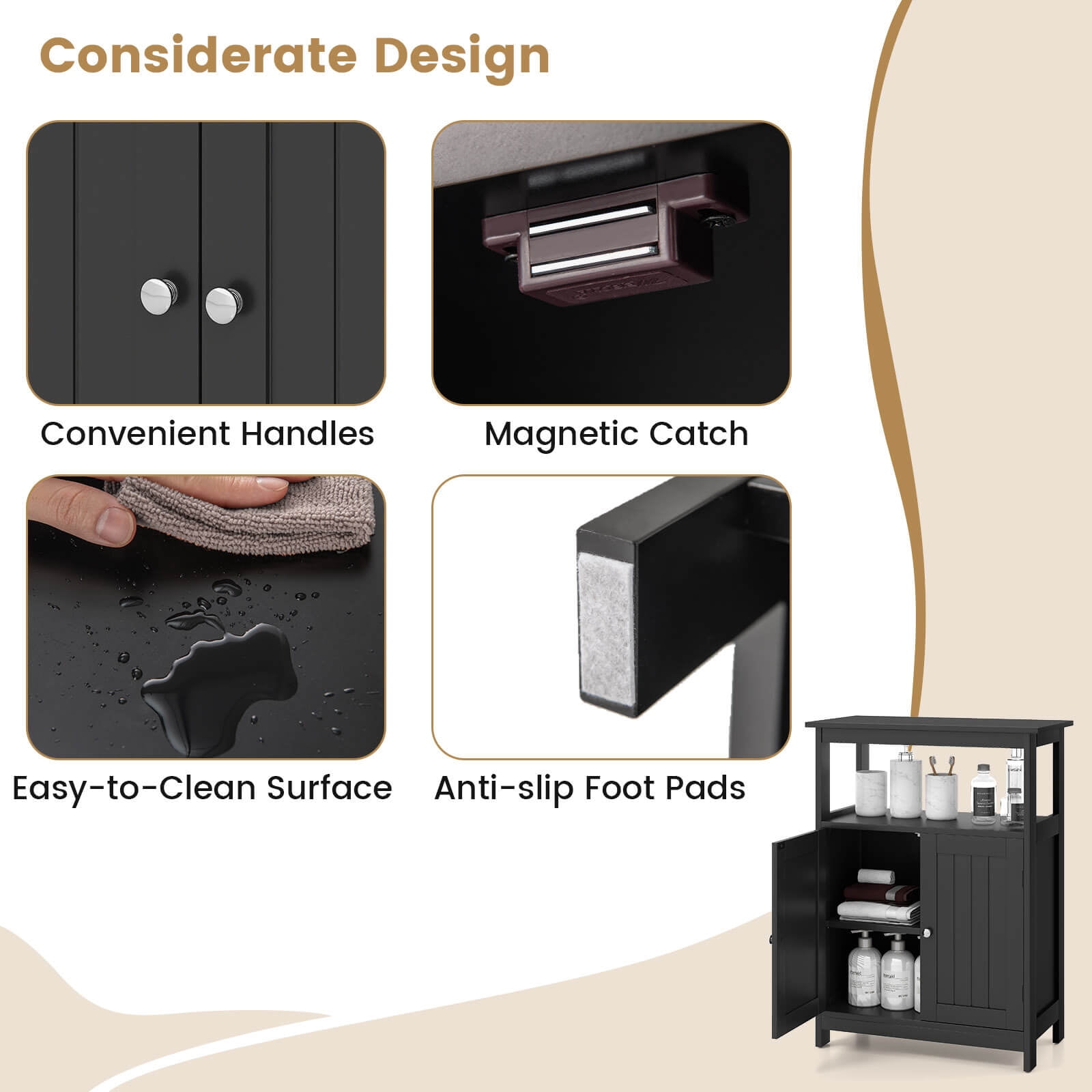 Costway Bathroom Floor Cabinet Freestanding Storage Organizer with 2 Doors Open Compartment Black