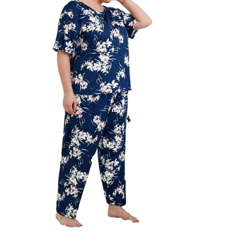 

Womens Plus Pajamas Sets Floral Pant Sets Sleepwear PJ Set Navy Blue 5XL