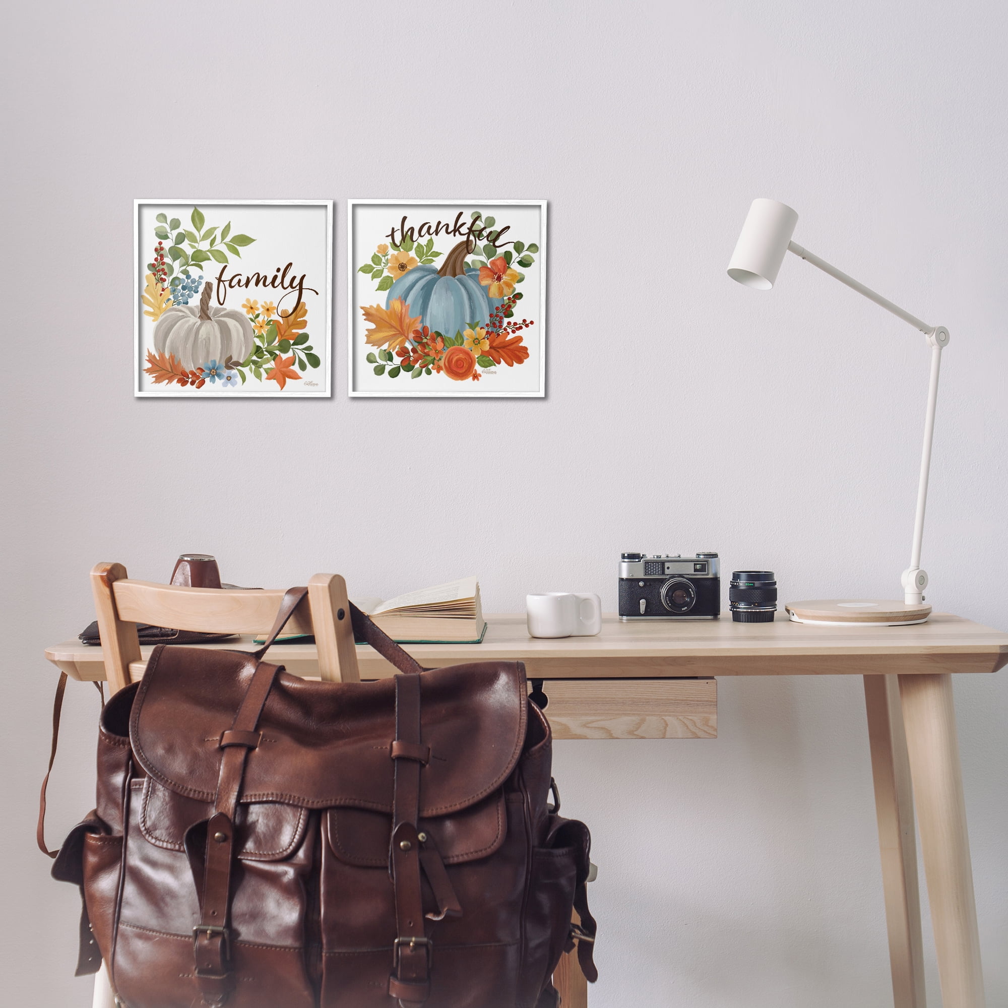 Stupell Industries Family Thankful Fall Pumkin Botanical & Floral Painting White Framed Art Prints Wall Art, 12 x 12, Set of 2