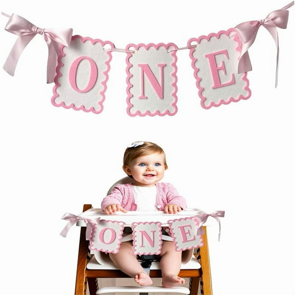 Bow Highchair Banner for 1st Girls Birthday Decoration, Pink and White One Birthday Banner for Party Decor Photo Props