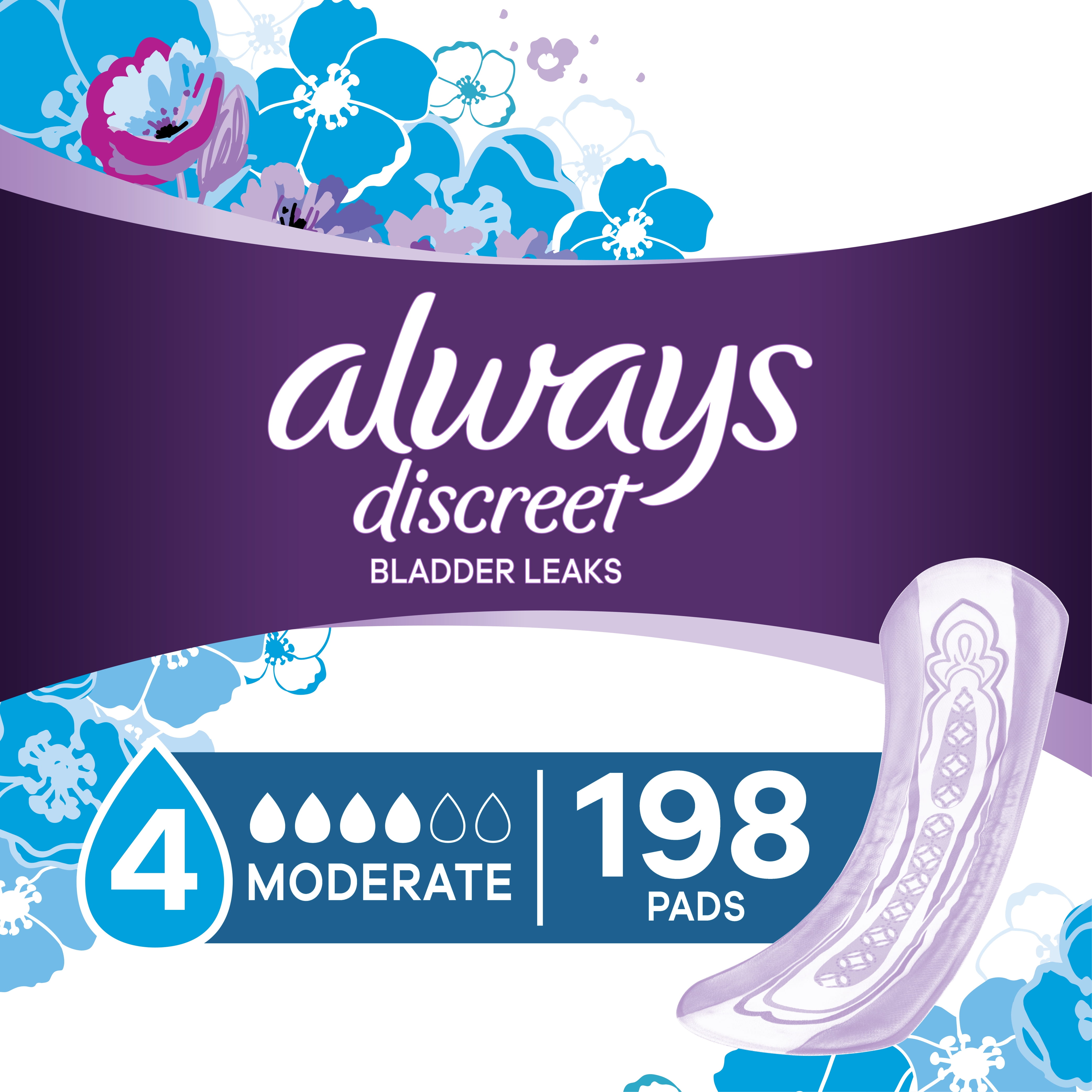 Always Discreet Incontinence Pads for Women, Moderate Absorb, 198 ct