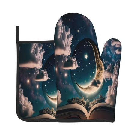 

Jgfou Artistic Starry Sky Moon Book Pattern Oven Mitts and Pot Holders Sets Heat Resistant Oven Mittens Soft Lining Extra Thicken Long Kitchen Cotton Oven Glove for Cooking