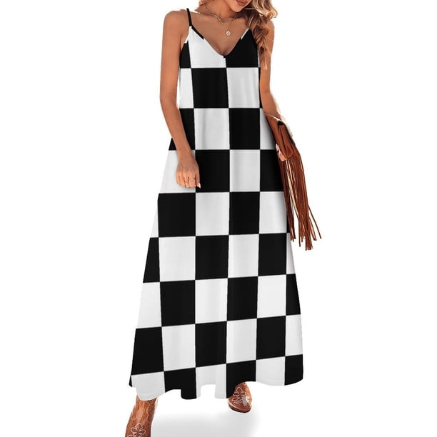 Vestido sin mangas de cuadros en blanco y negro, vestido de fiesta 2024, vestido de playa de verano para mujer 2024, vestido de noche