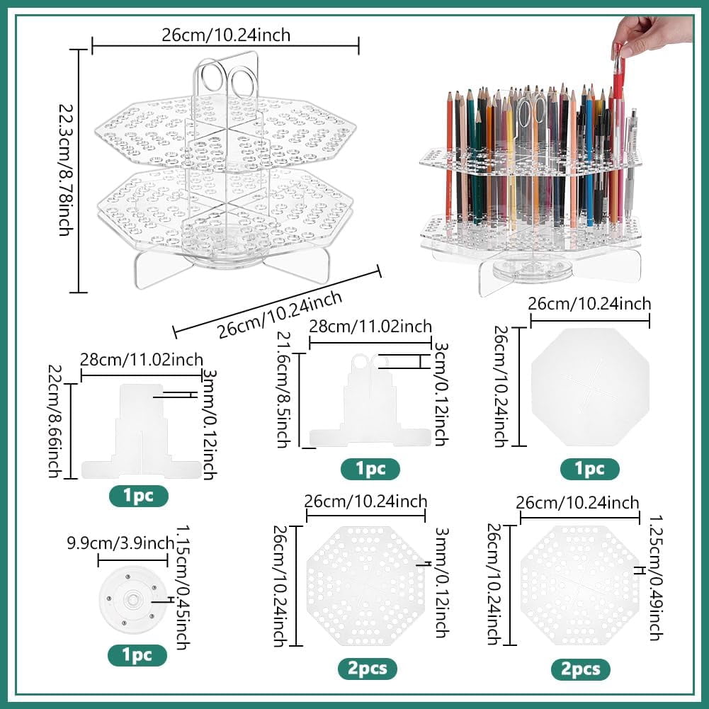 120 Slot Clear Pen Holder Acrylic Pencil Organizer 360° Rotating Marker Organizer Office Storage Supplies Holds for School Home Art Supply Makeup Brushes Storage Craft Shows Clear