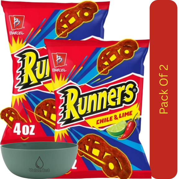 Barcel Runners Chili Pepper & Lime Corn Snacks, Crunchy Spicy Flavor, 4 oz Snack Size Bag With Olive Green Bowl By ValueNest