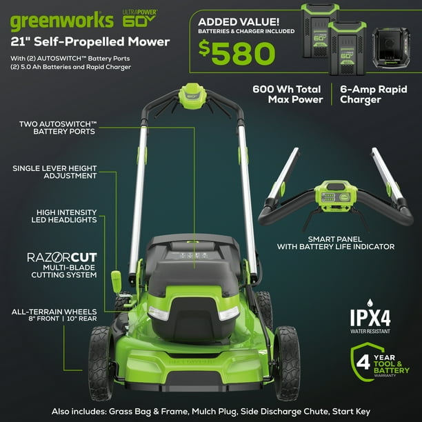 Greenworks 60V 21” Self-Propelled Lawn Mower with (2) 5.0 Ah
