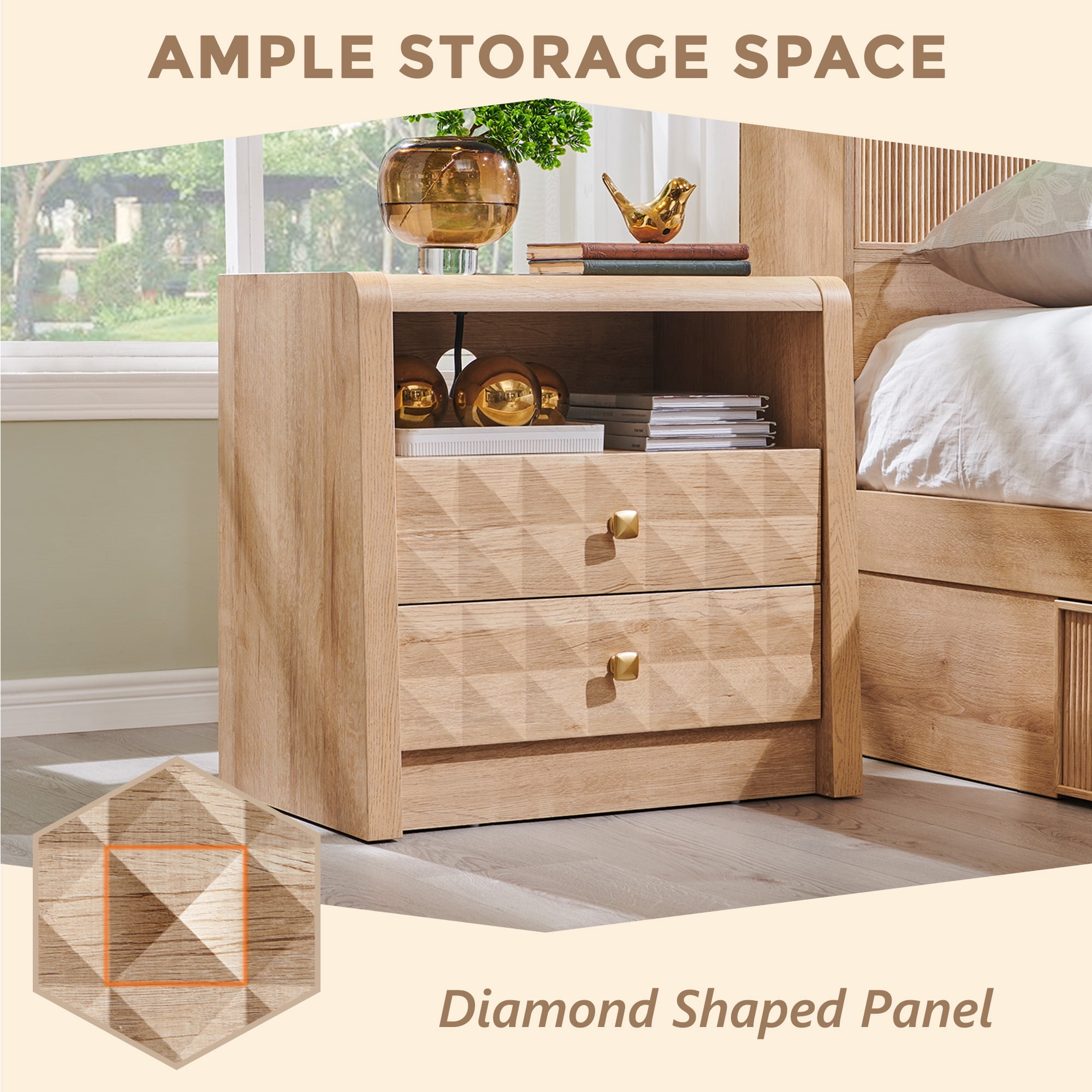 AsterOutdoor Modern Nightstand with Charging Station, Wood End Table w/Diamond Panel Decorate, 2 Storage Drawers, for Bedroom, Living Room