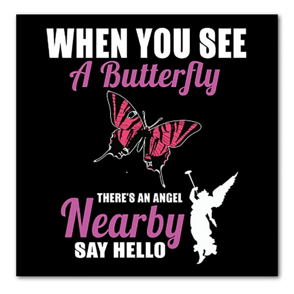 DistinctInk Custom Bumper Sticker - 8" x 8" Decorative Decal - Black Background - See Butterfly, Angel is Nearby