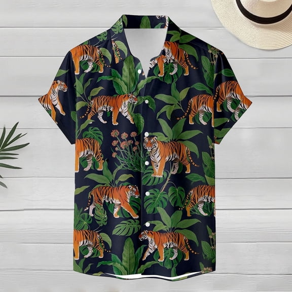 Funny Hawaiian Shirts for Women Men Short Sleeve Button Down Tropical Tiger Print Shirts for Casual Wear (Green M)