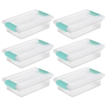 Small Clip Box, Stackable Small Storage Bin with Latching Lid, Plastic Container to Organize Office, Crafts, Clear Base and Lid, 6-Pack