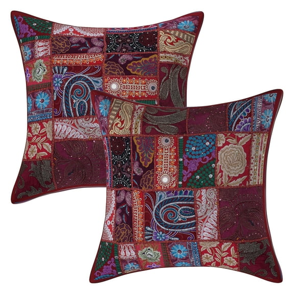 Stylo Culture Ethnic Cotton Decorative Throw Pillow Covers Maroon 20 x 20 Bohemian Vintage Patchwork Ethnic Sofa Cushion Covers 50x50 cm Home Decor Abstract Square Pillow Cases | Set Of 2