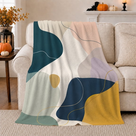 Abstract Teal Mustard and Blush Shapes, Calming Modern Style for Art Lovers, Flowing Color Block Pattern and Housewarming Gift, Soft Flannel Blanket for Bedroom and Living Room, Home Decor