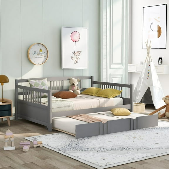 Tcbosik Full Size Daybed Wood Bed with Twin Size Trundle, Gray