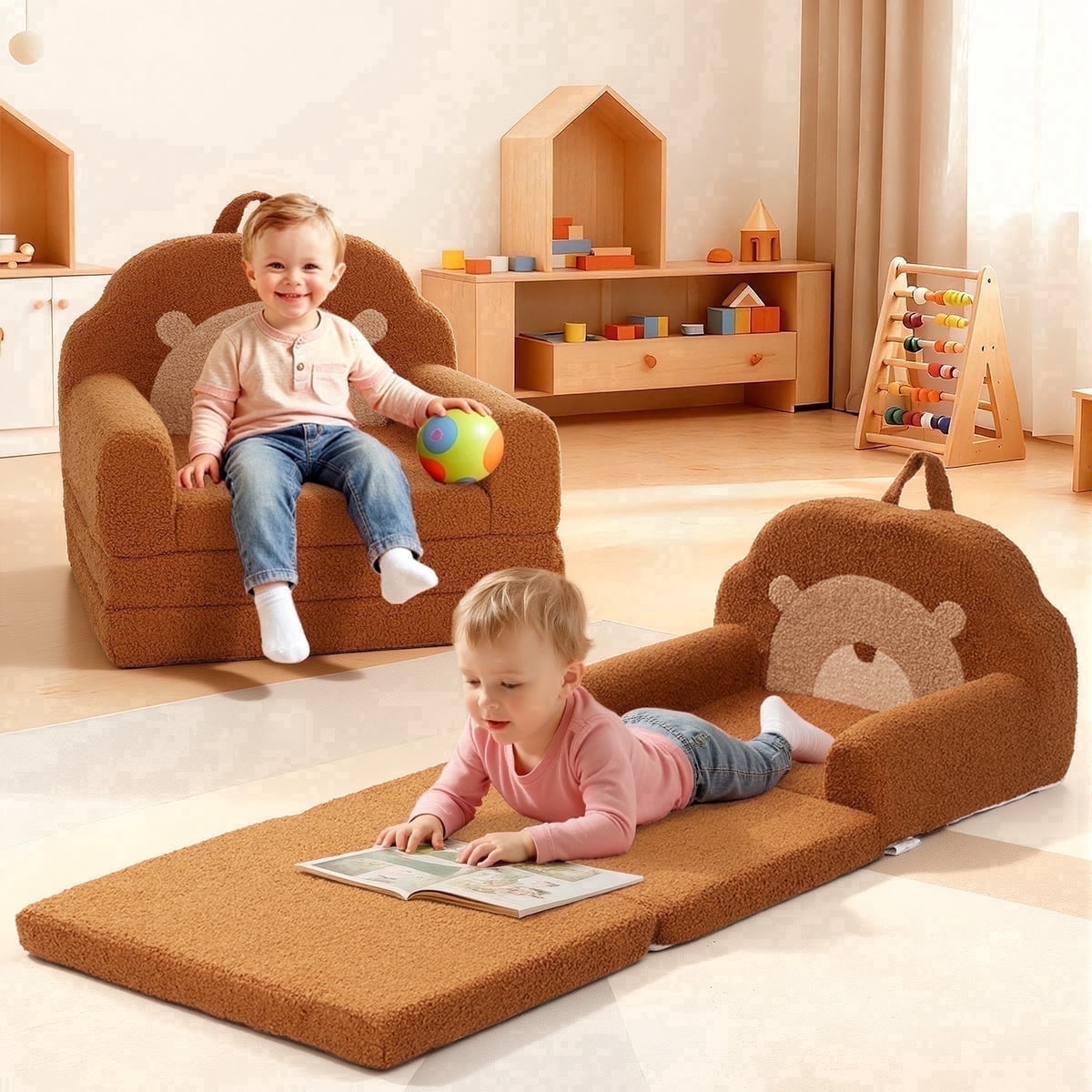 Toddler Sofa, 2 in 1 Kids Couch, Foldable Baby Couch Chair for Boys and Girls Gift, Bear