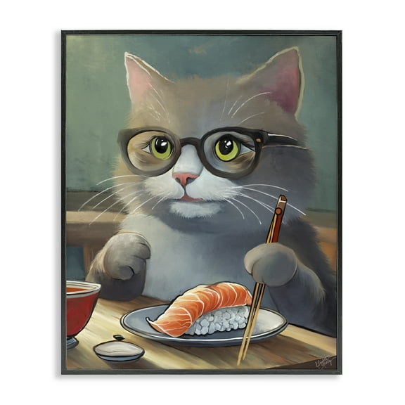 Stupell Industries Cat Eating Sushi Food & Beverage Painting Black Framed Art Print Wall Art, 11 x 14
