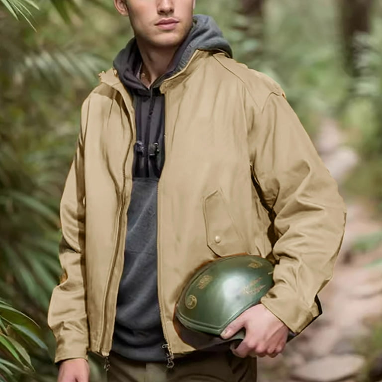 JUUYY Men s Cotton Jacket Casual Lightweight Water Windbreaker Golf Coat Zip Up with Pockets Solid Color Bomber Jacket Khaki XXL