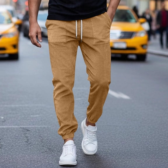 YueHuiYing Men's Casual Fashion Corduroy Solid-color Pocket Drawstring Elastic Waist Jogger Pants