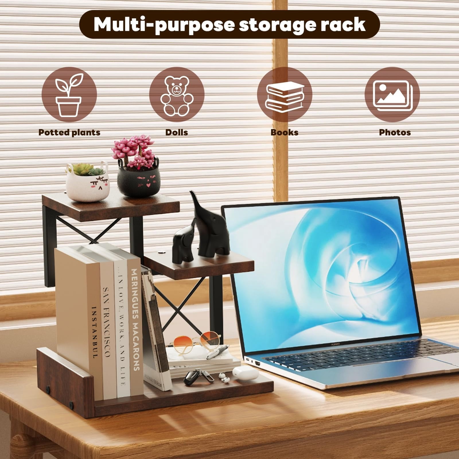 3-Tier Wood Desk Shelf Organizer Riser, 12.6 Inch Compact Desktop Hutch Storage Display Stand Set