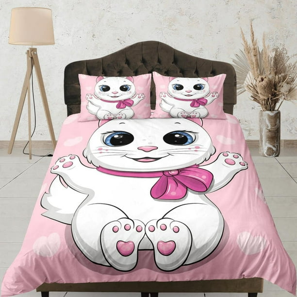 Ropa de Cama Gato Blanco Rosa, Ropa de Cama para Niños Pequeños, Juego de Funda Nórdica Infantil, Regalo para