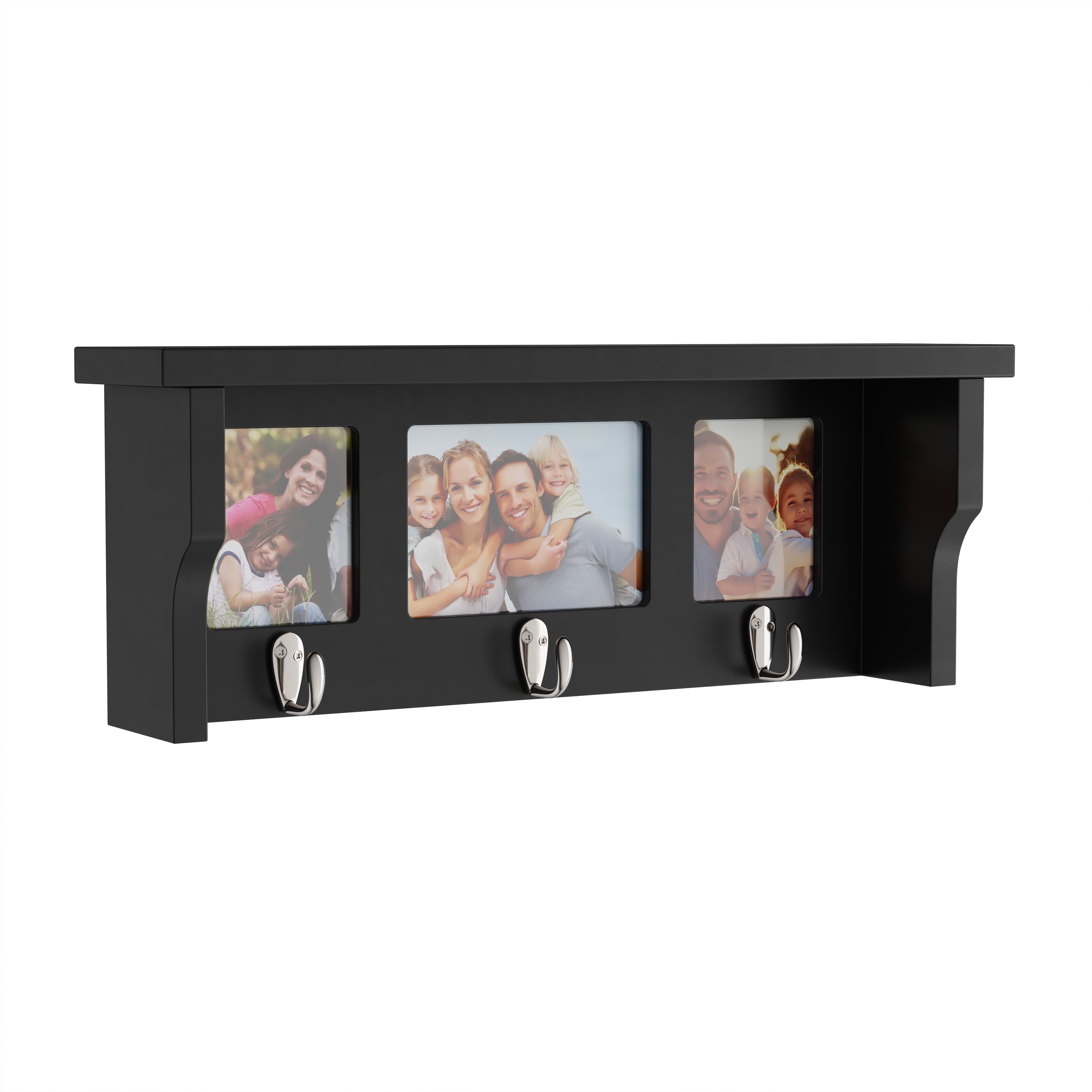 Wall Shelf and Picture Collage with Ledge and 3 Hanging Hooks Photo Frame Decor Shelving with
