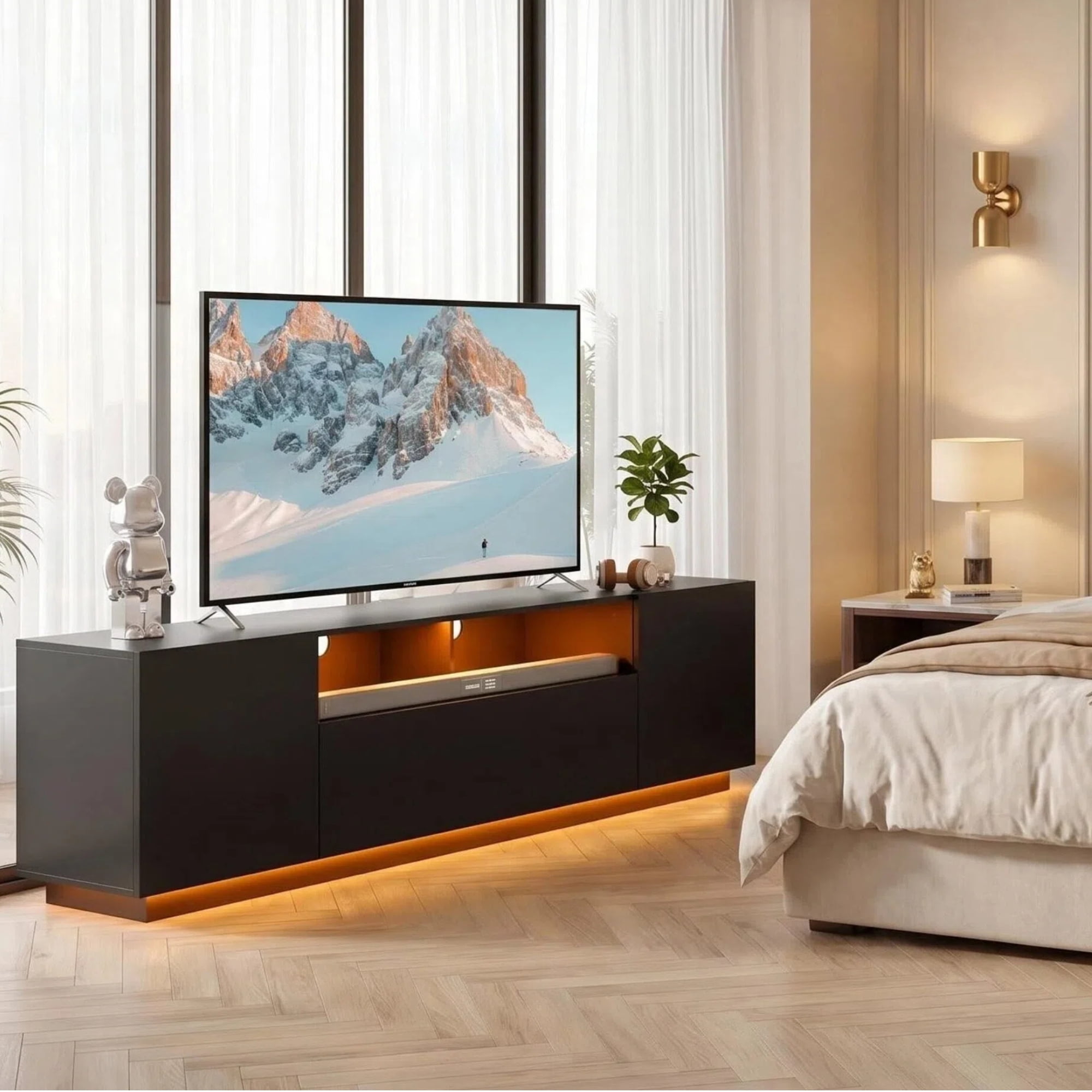 GALAXHERO TV Stand for 65 inch Entertainment Center with LED Lights & Large Storage Cabinet Modern TV Console Stands Table for Living Room Bedroom Black