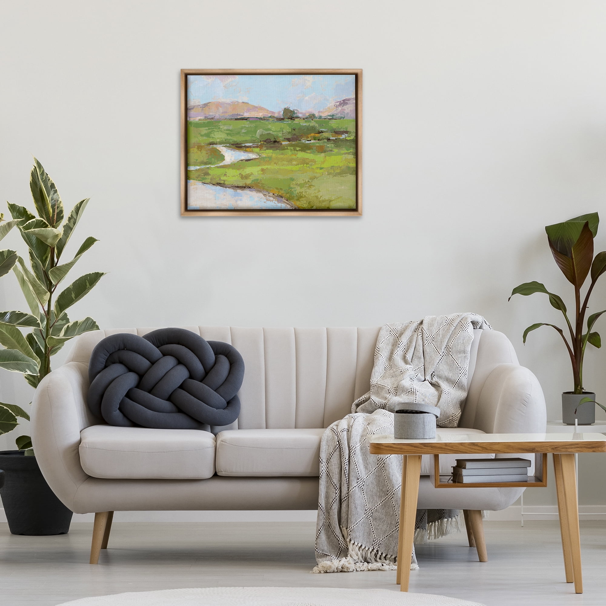 Stupell Industries Hillside Winding Stream Landscape Painting Brown Floater Framed Art Print Wall Art, 31 x 25