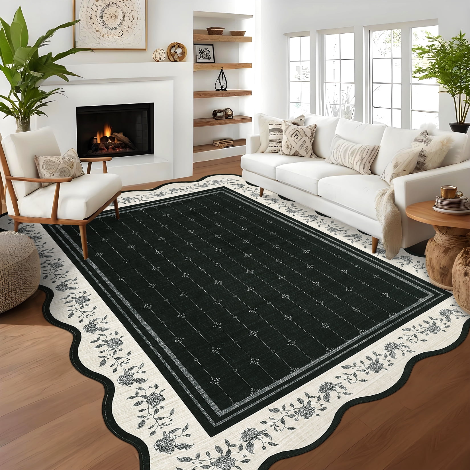 Garvee 8'x10' Scalloped Area Rug Modern Floral Bordered Carpet, Machine Washable Rug with Non Slip Backing Soft Foldable Mat for Living Room Bedroom Dining Room, Black