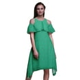 thumbnail image 1 of Bimba Green Leaves Printed Womens Ruffle Front Cold Shoulder Swing Shift Dress - Medium, 1 of 6