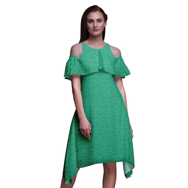 Bimba Green Leaves Printed Womens Ruffle Front Cold Shoulder Swing Shift Dress - Medium