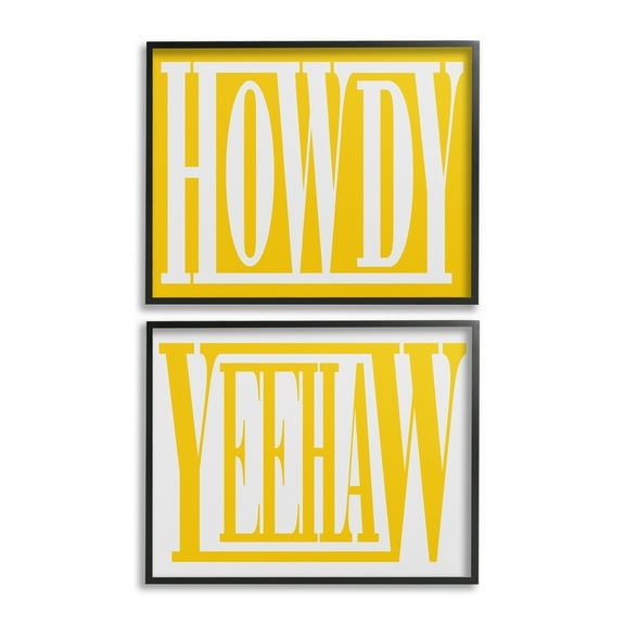 Stupell Industries Yellow Howdy & Yeehaw Typography Painting Black Framed Art Print Wall Art, 14 x 11, Set of 2