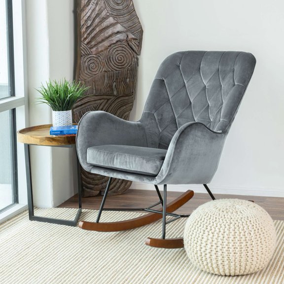 Mid-century Modern Rocking Chair, Dark Gray - Soft Foam Fill For A Cozy Nursery Grey Rocker Tranquil Bedroom