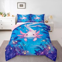 Castle Fairy Cute Axolotl Queen Comforter Set,Cartoon Pink Animal Bedding Comforter Set