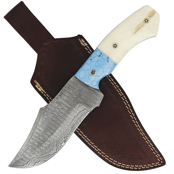 Armory Replicas Mosaic Remanence Damascus Steel Clip Point Hunting Knife w/ Leather Sheath & Bone Handle