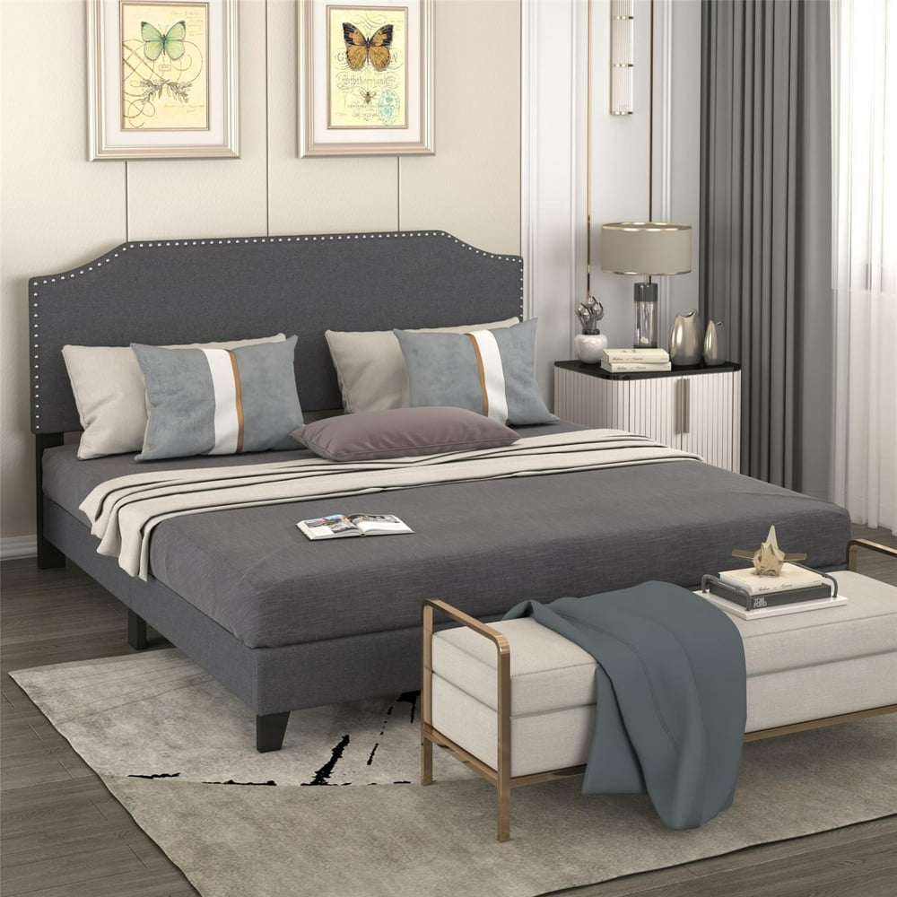 King Size Upholstered Platform Bed Frame with Nailhead Trim Headboard