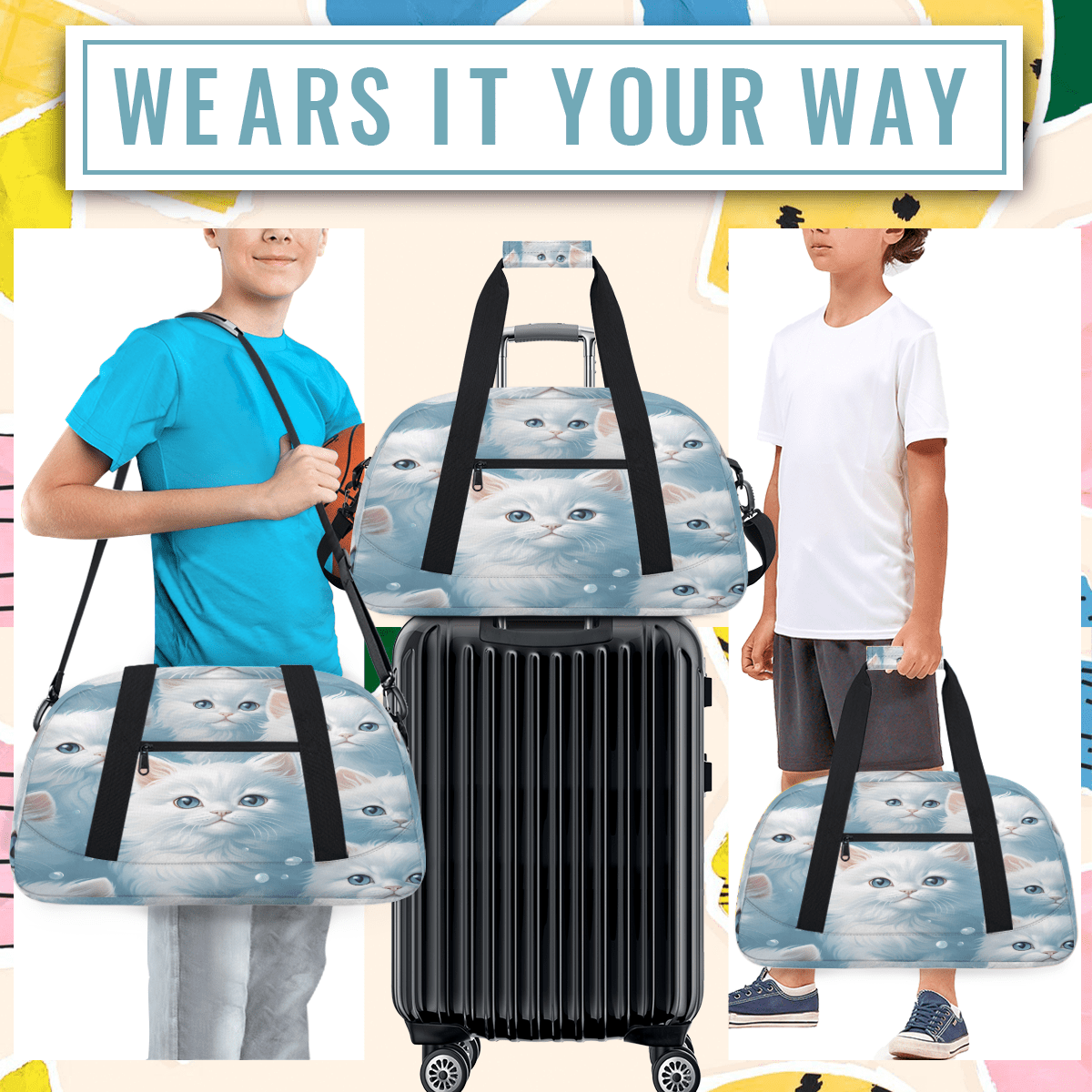 Herdesigns Cat Sports Duffle Bag for Women & Men, Cute Cat Gym Bag Dance Bag Overnight Bag Carry On Weekender Travel Bag