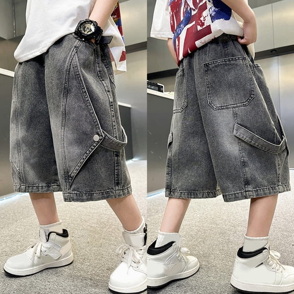 Y2k Shorts Boys Vintage Baggy Jean Shorts Streetwear Baggy Summer Jorts Grunge Denim Bermuda Short (Grey)