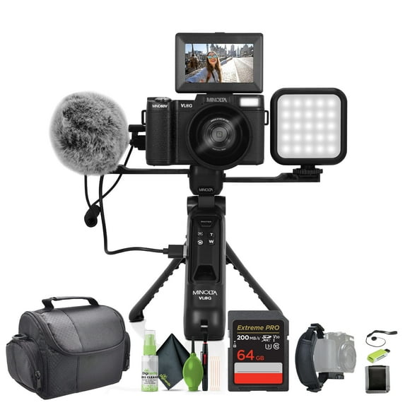 MINOLTA MND60V 64 MP Autofocus 4K Digital Vlogging Camera / 60FPS Ultra HD Vlogger & Content Creator's Kit (Black) Bundle With 64GB Memory Card + Vlog Tripod + Accessories